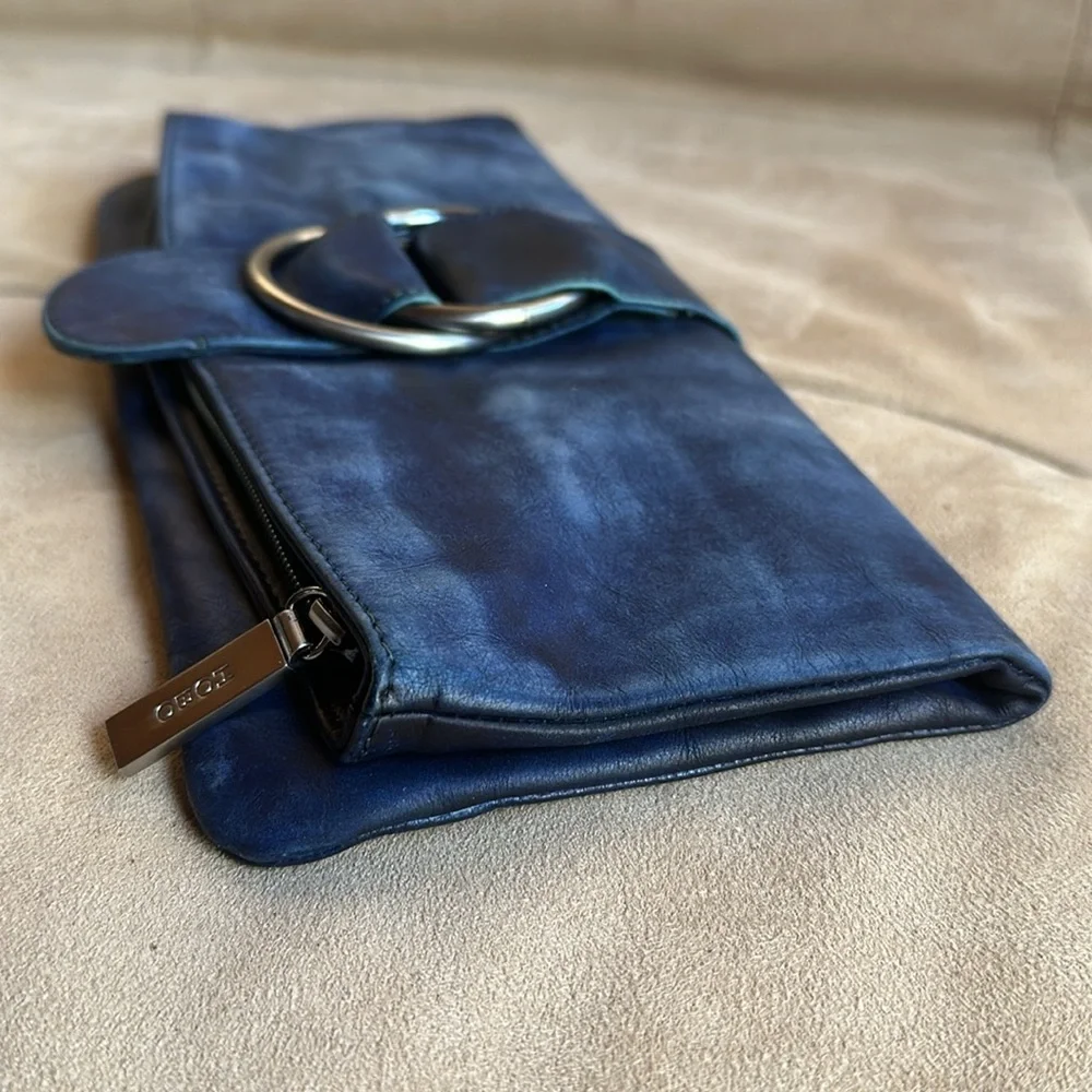 HOBO International MADELINE Soft Blue Leather Foldover Clutch Bag w/ Buckle